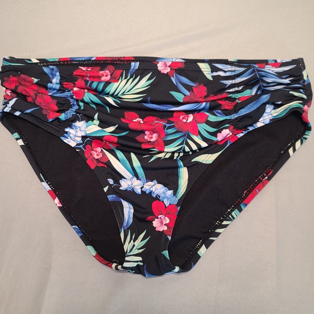Tommy Bahama Bikini Bottoms Womens Medium Black‎ Floral Ruched Tropical SS200278